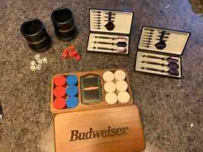 BUDWEISER Poker Chips in Custom Box+Darts+Used Cards & Leather Dice Cups w/Dice