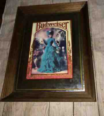 Vintage Budweiser Framed mirror sign Lady In Green Dress 22 ?x17 5 ? Brytone NY