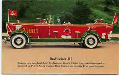 Budweiser III-Land Boat Car Auto Advertising Beer Brewery Vintage Color Postcard