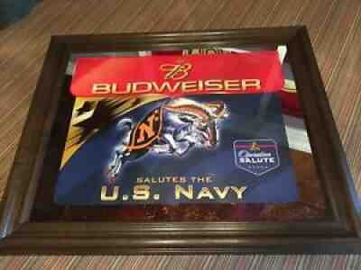 Rare Budweiser Salutes U.S. Navy Bar Mirror 24X20 W/ Wood Frame Man Cave