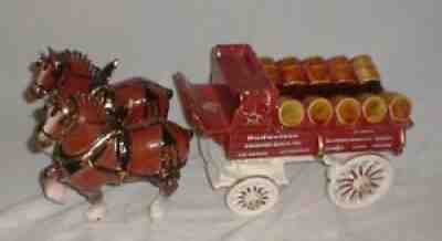 AMAZING Ceramic Budweiser Wagon & 2-Horse Clydesdale Hitch Poppytrail By Metlox