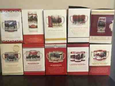 Set Of 10 - Budweiser Holiday Series Beer Stein Collection (2010-2019) W/ COA