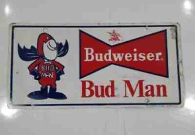 Budweiser Bud Man License Plate True Vintage Enamel Painted Steel 1972 Sign