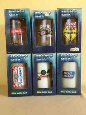 Lot of 6 Budweiser,Bud Lt,Bud Ice, Frogs Lizards Penguins Frosty Freezable Mugs