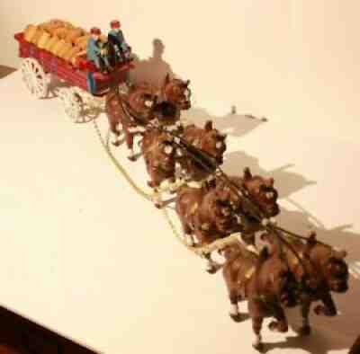 Vintage Cast Iron Beer Wagon w/ 8 CLYDESDALE Horses Dog and 28 Wood Beer Barrels