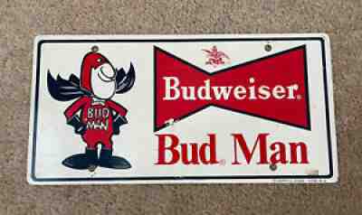 Budweiser Bud Man License Plate True Vintage Enamel Painted Steel 1972 Sign