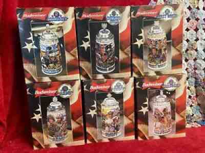 Vtg Set of 6 Budweiser Armed Forces Steins In Original Boxes 1998-2001 + C of A