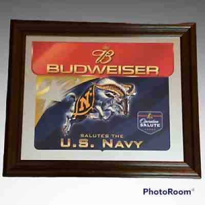 Rare Budweiser Salutes U.S. Navy Bar Mirror 24X20 W/ Wood Frame Man Cave