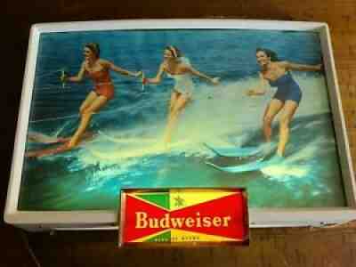 VINTAGE 1950s BUDWEISER LIGHTED BAR SIGN WOMEN GIRL SKIING SKI SCENE