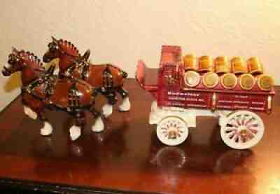 Vintage Ceramic Budweiser Wagon & 2-Horse Clydesdale Hitch Poppytrail By Metlox