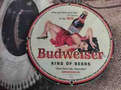 OLD VINTAGE 1953 BUDWEISER BEER PORCELAIN HEAVY METAL BAR SIGN BREWERY