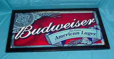 Budweiser Wood Framed Bar Wall Beer Sign Mirror Large 33.5" Great American Lager