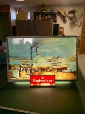 VINTAGE BUDWEISER LIGHTED BAR SIGN 1800'RIVER BOAT SCENE NICE BUSY GRAPHICS BEER