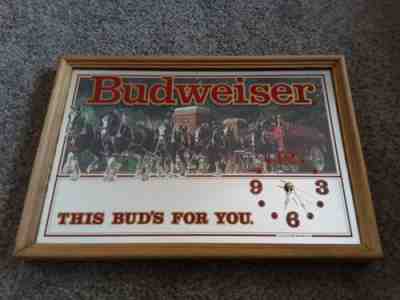 Vintage Budweiser Bud Clydesdale Mirror Sign With Working Clock