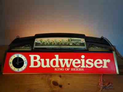 1983 VINTAGE BUDWEISER CLYDESDALE POOL TABLE LIGHT WITH DUAL WORKING CLOCKS