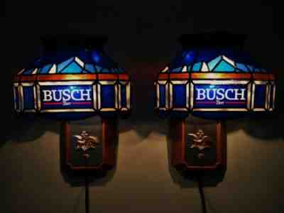 2 1986 Vtg Busch Beer Faux Stained Glass Lighted Signs Pair Anheuser St Louis