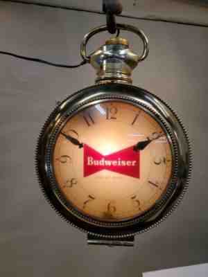 Vintage Budweiser Beer Lighted Advertising Pocket Watch Clock Sign, 2 Sided