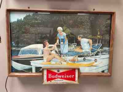 Rare Vintage Budweiser Beer Lighted Sign Boating & Skiing 1950's Era