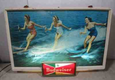 Vintage 1950s Budweiser Beer Lighted Sign Water Ski Girls Waterski