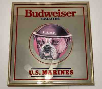 RARE! Vintage Budweiser Salutes Military Bar Mirror U.S. MARINES 1992 Bull Dog