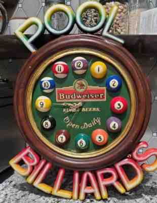 UNIQUE Vintage WOODEN Budweiser Beer Sign Billiards & Pool Wall Clock 20"W 25"T