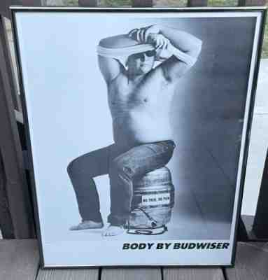 RARE Vintage 1985 Body by Budweiser Poster No Pain Framed Dad Bod Beer Promotion