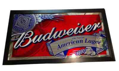 Budweiser Wood Framed Bar Wall Beer Sign Mirror Large 33.5" Great American Lager