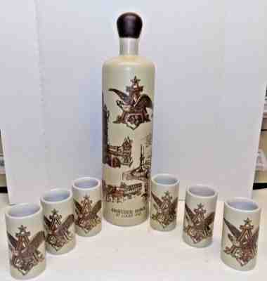 RARE ANHEUSER BUSCH BUDWEISER BOTTLE CORK 6 STONEWARE SHOT GLASSES CLYDESDALE