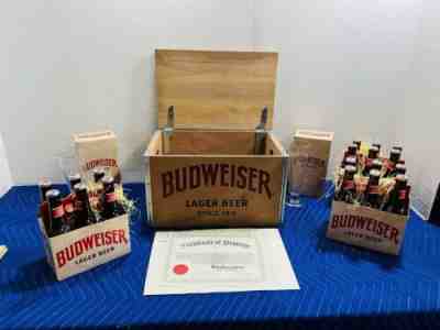 BUDWEISER LAGER Beer Wood Holiday Wooden Box Crate Case w/ Hinged Lid Extras+++