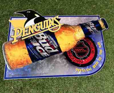 1995 Metal Tin Bar Sign Pittsburgh NHL Penguins Anheuser-Busch Bud Light 45x30â?