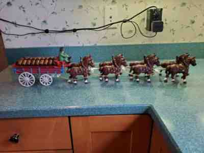 Vintage Budweiser Clydesdale Wagon with 2 drivers, 1 dog and barrels