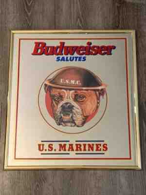 RARE! Vintage Budweiser Salutes Military Bar Mirror U.S. MARINES 1995 Bull Dog