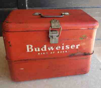 VERY RARE ANTIQUE 1950'S BUDWEISER VINTAGE RED METAL BEER PARTY COOLER