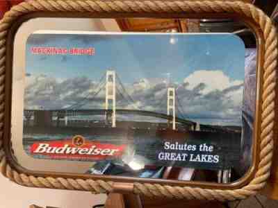 Vtg Budweiser Salutes the Great Lakes Mackinac Bridge Mirror 22 1/2