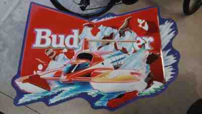 Miss Budweiser Hydroplane Race Boat Tin Tacker Metal Beer Sign Vintage 1993