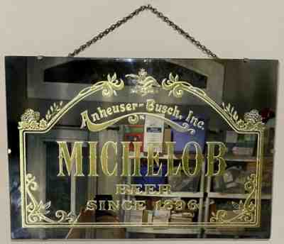 Vintage Anheuser-Busch Michelob Beer Gold Etched Glass Bar Mirror Sign 24â? x 16