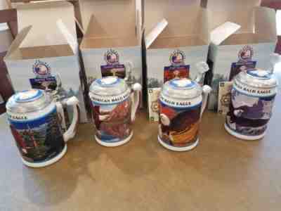 Anheuser Busch Budweiser American Bald Eagle Beer Steins Series of 4 w/Boxes COA