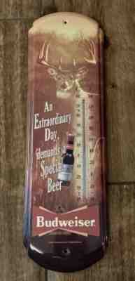 Vintage BUDWEISER 10-POINT BUCK Tin/metal Thermometer. UPSIDE DOWN ERROR!