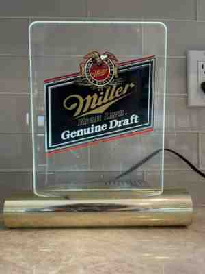 Vintage Miller Beer Light Lucite Acrylic Lighted Sign Lamp USA Bar Brass Tone