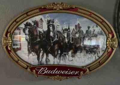 Budweiser Sign Lg Winter Clydesdale Horses Oval Vtg 2000 Anheuser-Busch 30x20.5