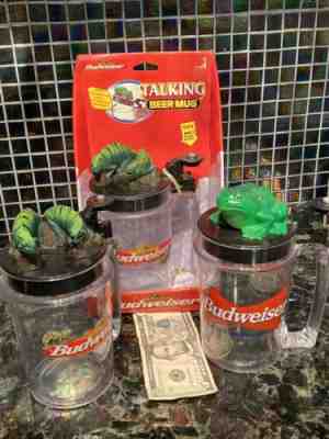 3 NEW Budweiser Beer Talking Mugs Stein Frog and 2 Lizard Lids ALL WORK MAN CAVE