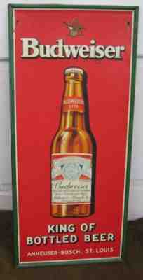 ORIGINAL OLD EMBOSSED TIN BUDWEISER BEER SIGN ANHEUSER BUSCH CO W/ BOTTLE