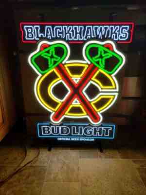 Bud Light Beer Chicago Blackhawks NHL Hockey Tomahawks Light Up LED Sign Bar NEW