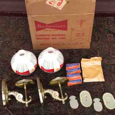 Mid Century Budweiser Beer Adolpus Gas Lamp Elect WALL SCONCES w Box