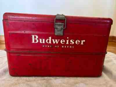 VINTAGE BUDWEISER 1950s RED METAL BEER COOLER W ORIG ICE PICK, CAN/BOTTLE OPENER