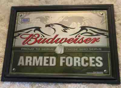 BUDWEISER SALUTE TO THE ARMED FORCES MIRROR MAN CAVE SIGN MILTIARY USA BEER