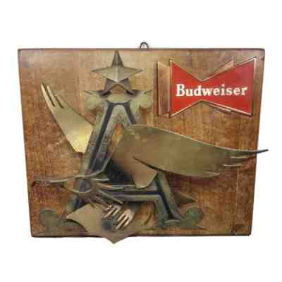 Vtg 1950s Price Brother's Budweiser Beer Sign 3D Metal Art Eagle Wooden Plaque