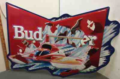 Vtg MISS BUDWEISER Beer HYDROPLANE RACE BOAT Tin Advertising Mint NOS 34x23â?