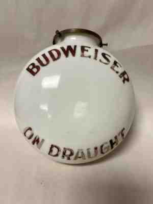 ANTIQUE BUDWEISER BEER ON DRAUGHT MILK GLASS GLOBE LIGHT SIGN w/ETCHED LETTERING