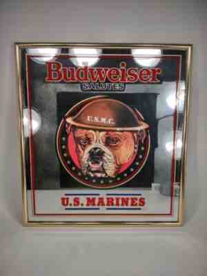 Vintage 1992 Budweiser Salutes Military Bar Mirror U.S. MARINES Bull Dog READ